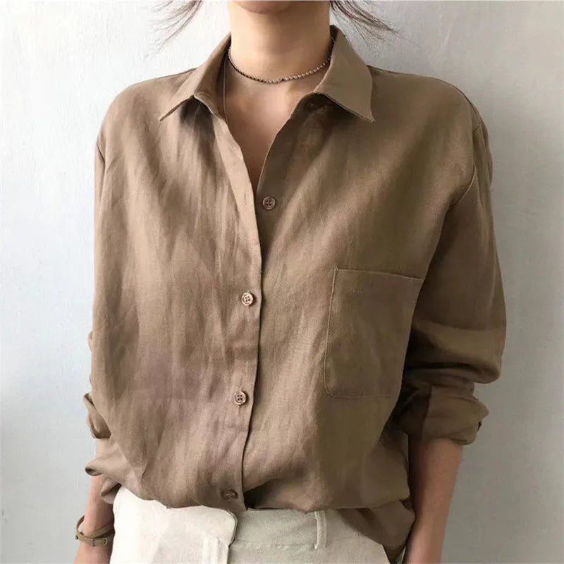 FJØRNA women's linen shirt with open collar, lightweight and breathable tops for women, stylish casual blouse.