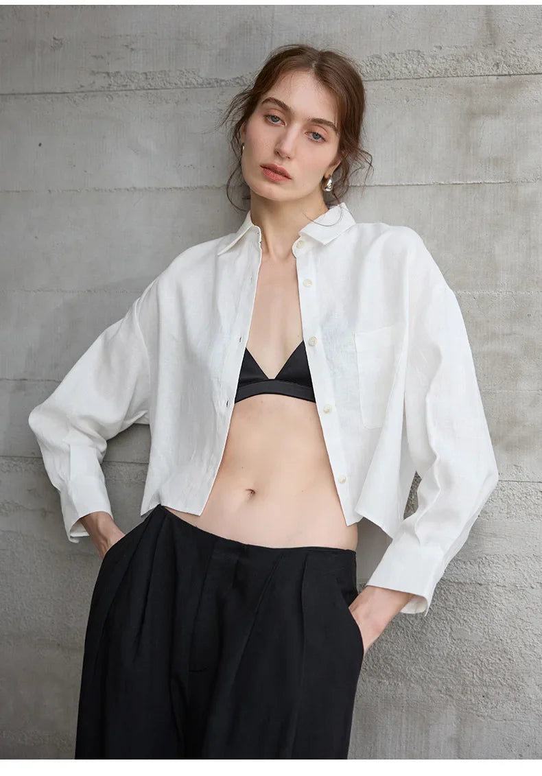 Linen Shirt Women Pleated Long Sleeve