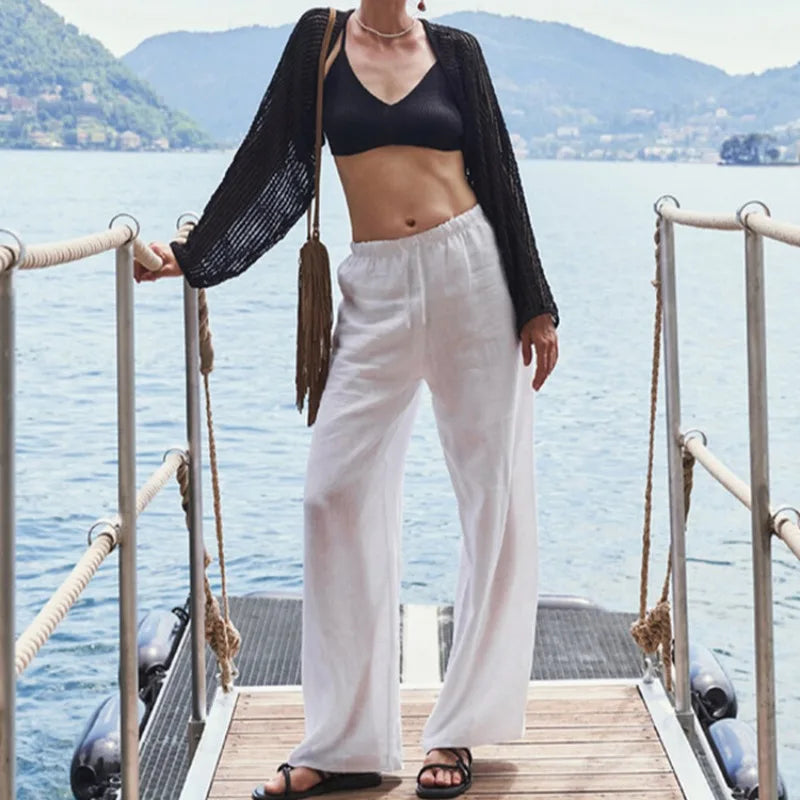 Knit Wide Leg Trousers Women Drawstring