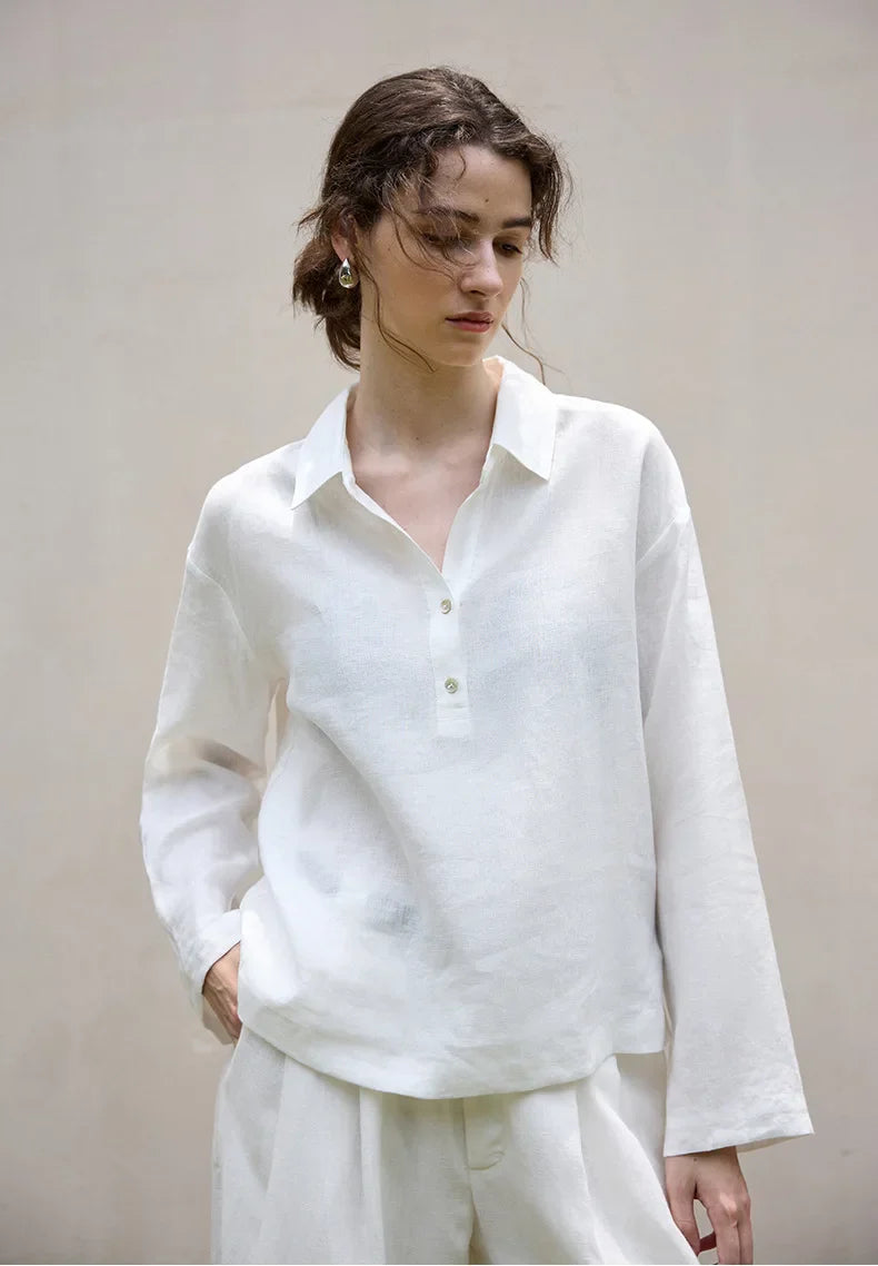 FJØRNA women's linen polo top with collar, light and breathable fabric, displayed on a neutral background.