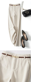 FJØRNA women's wide-leg wool trousers with high waist, tailored pants featuring a classic fit and soft fabric, front view.