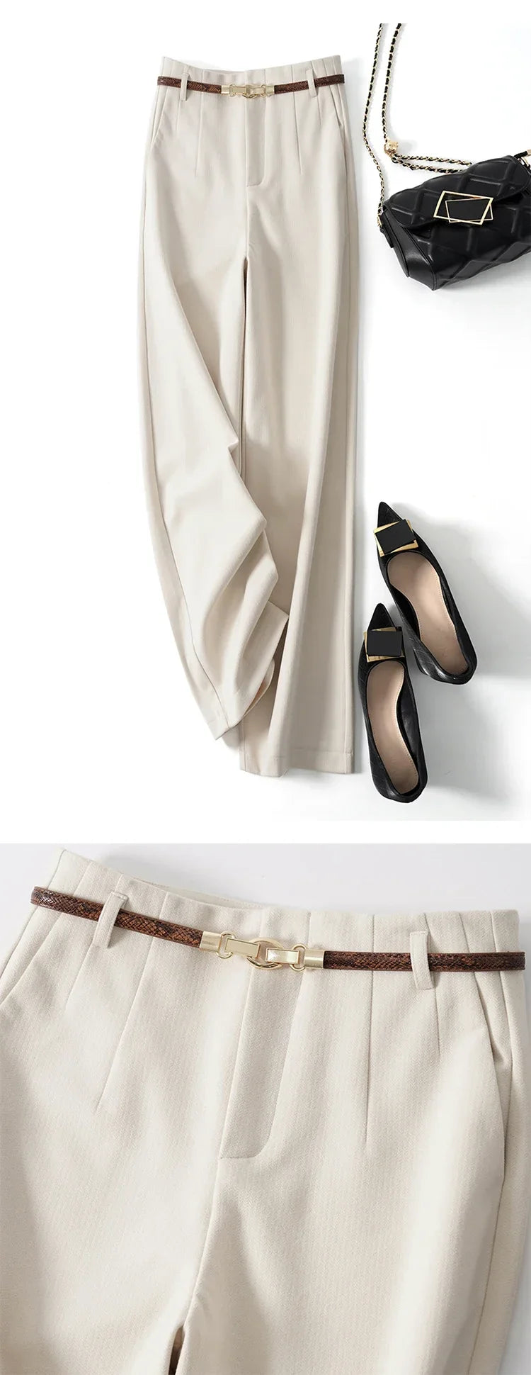 FJØRNA women's wide-leg wool trousers with high waist, tailored pants featuring a classic fit and soft fabric, front view.