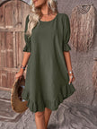 FJØRNA Tummy Covering Summer Dress, casual wedding dress in lightweight fabric, featuring a relaxed fit and elegant design.