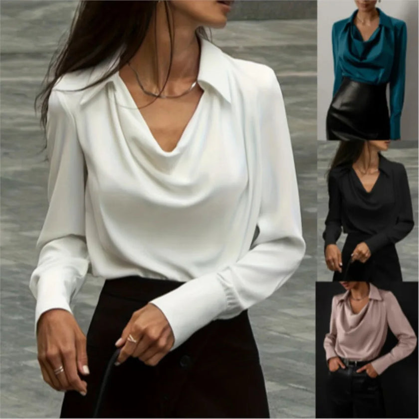 FJØRNA women's satin long sleeve shirt, elegant and smooth top with classic fit, suitable for formal or casual occasions.