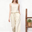 FJØRNA women's cotton linen wide-leg trousers with drawstring, pull-on style, relaxed fit, casual pants for women.