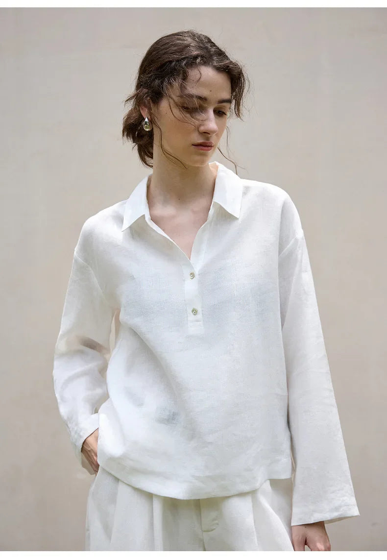 FJØRNA women's linen polo top with collar, lightweight and breathable summer blouse, shown in soft neutral fabric