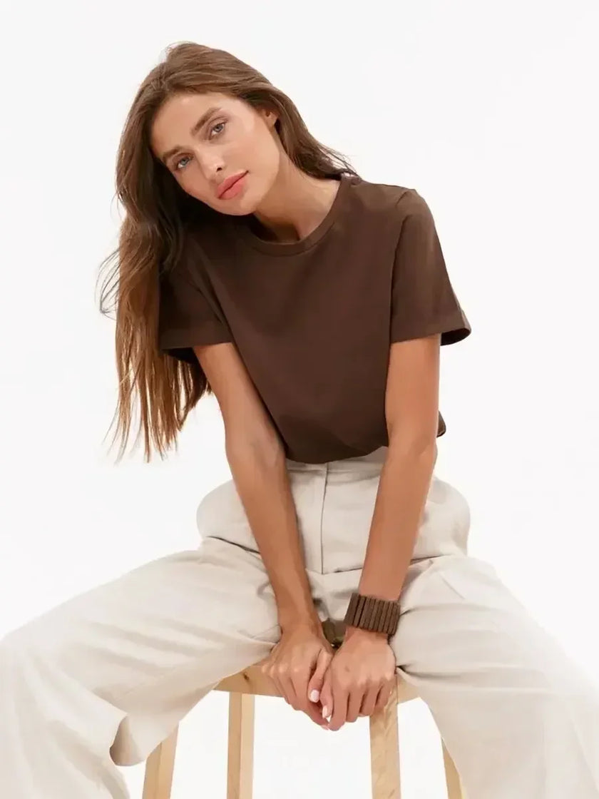 FJØRNA women's cotton T-shirt, soft white top with round neckline and short sleeves, casual and comfortable for everyday wear