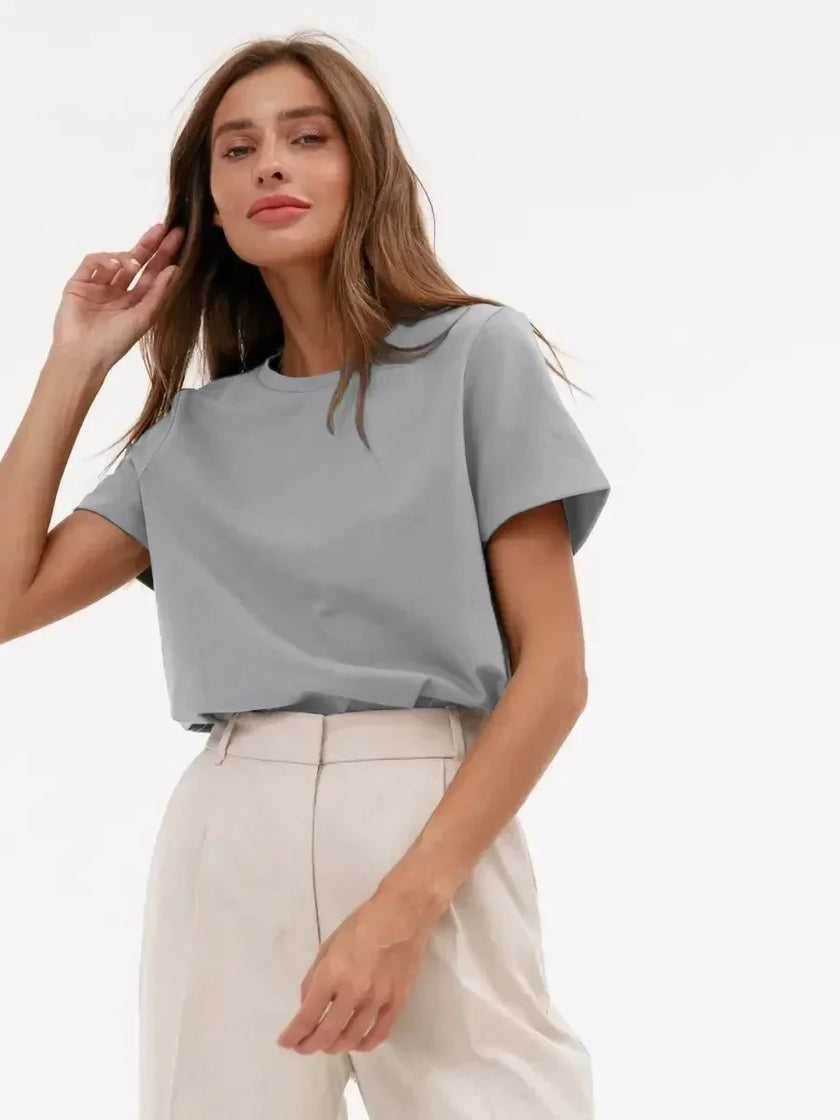 FJØRNA women's cotton T-shirt, soft and comfortable tops for women, shown in a relaxed fit with short sleeves and classic design.