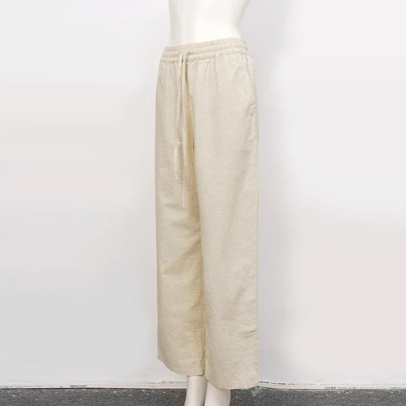 FJØRNA women’s cotton linen wide leg trousers with drawstring, pull-on style, relaxed fit, perfect for casual wear