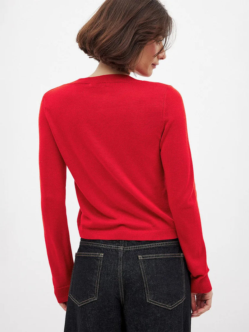 FJØRNA women's knit cardigan, cozy long sleeve top in soft, textured knit fabric, stylish casual wear for women.
