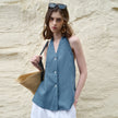 FJØRNA women's linen waistcoat with halter neck and sleeveless design, stylish top for warm-weather wear.