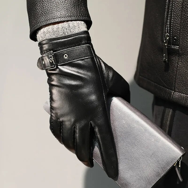 FJØRNA men's sheepskin leather gloves showing soft, brown leather with detailed stitching and a snug fit for stylish warmth.