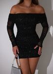 Samantha Sparkle Off Shoulder Mesh Mini Dress - Black