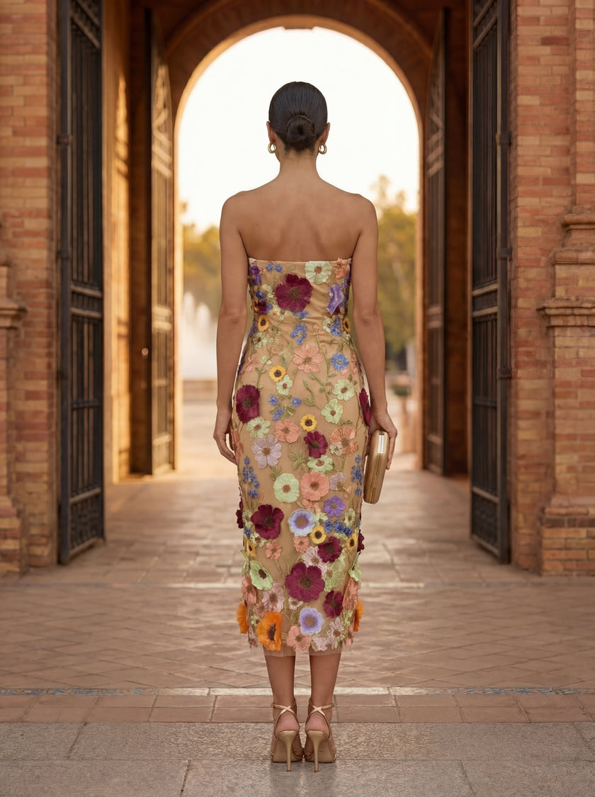 FJØRNA elegant floral strapless midi dress for women, showcasing a stylish and sophisticated dress with a flowing design.
