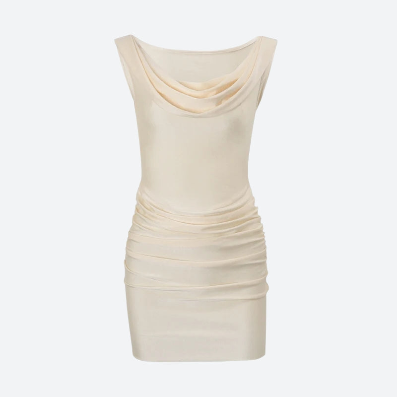 FJØRNA satin bodycon mini dress for women, perfect for parties and cocktails, shown on a mannequin.