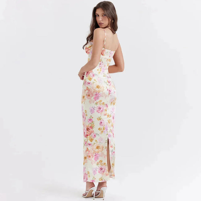 FJØRNA satin floral pencil maxi dress in white, featuring a fitted silhouette and elegant floral pattern, perfect for formal occasions.