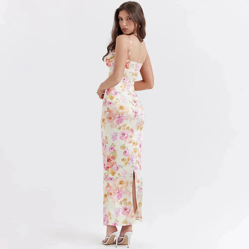 FJØRNA satin floral pencil maxi dress in white, featuring a fitted silhouette and elegant floral pattern, perfect for formal occasions.