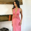 FJØRNA satin halter neck maxi dress for women, elegant evening and formal wear with smooth, shiny fabric and flowing silhouette.