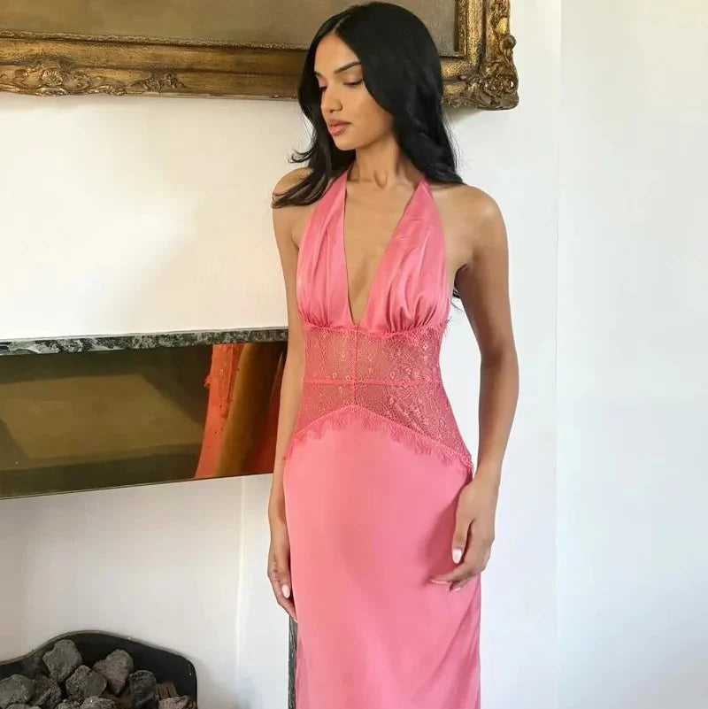 FJØRNA satin halter neck maxi dress for women, elegant evening and formal wear with smooth, shiny fabric and flowing silhouette.