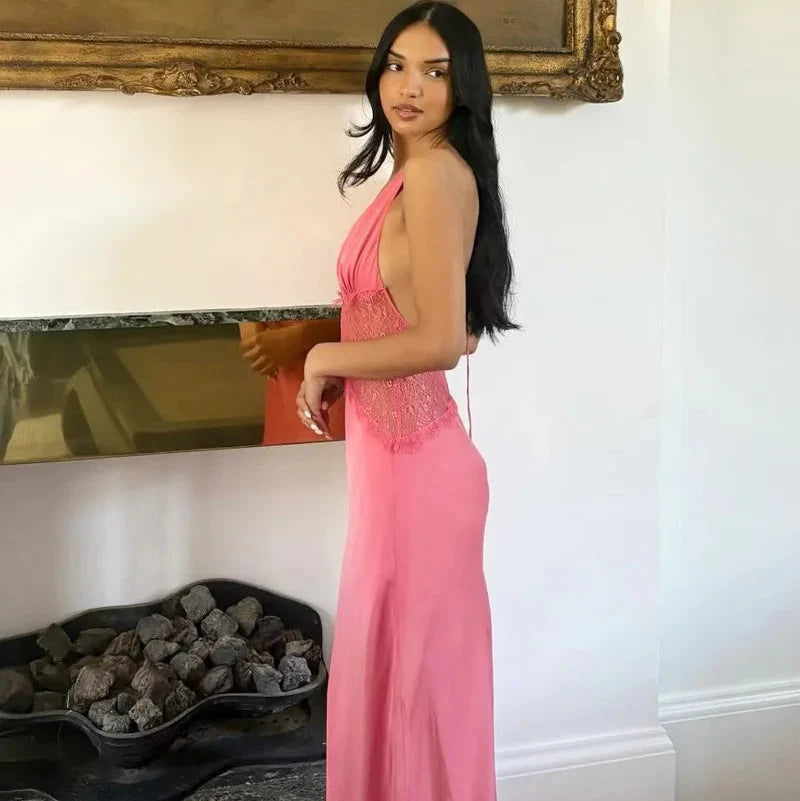 FJØRNA satin halter neck maxi dress for women, elegant evening and formal wear with flowing fabric and sophisticated style.