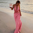 FJØRNA satin halter neck maxi dress for women, elegant evening and formal wear with flowing fabric and stylish design.