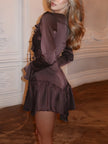 FJØRNA satin ruffled mini dress with layered ruffles and a fitted silhouette, perfect for stylish occasions.