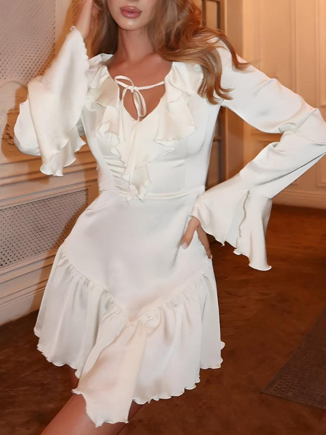 FJØRNA satin ruffled mini dress for women, perfect for parties and cocktails, featuring a stylish and elegant design