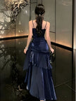 FJØRNA satin tiered women's maxi dress for evening and formal wear, showcasing a flowing, elegant design with tiered layers.