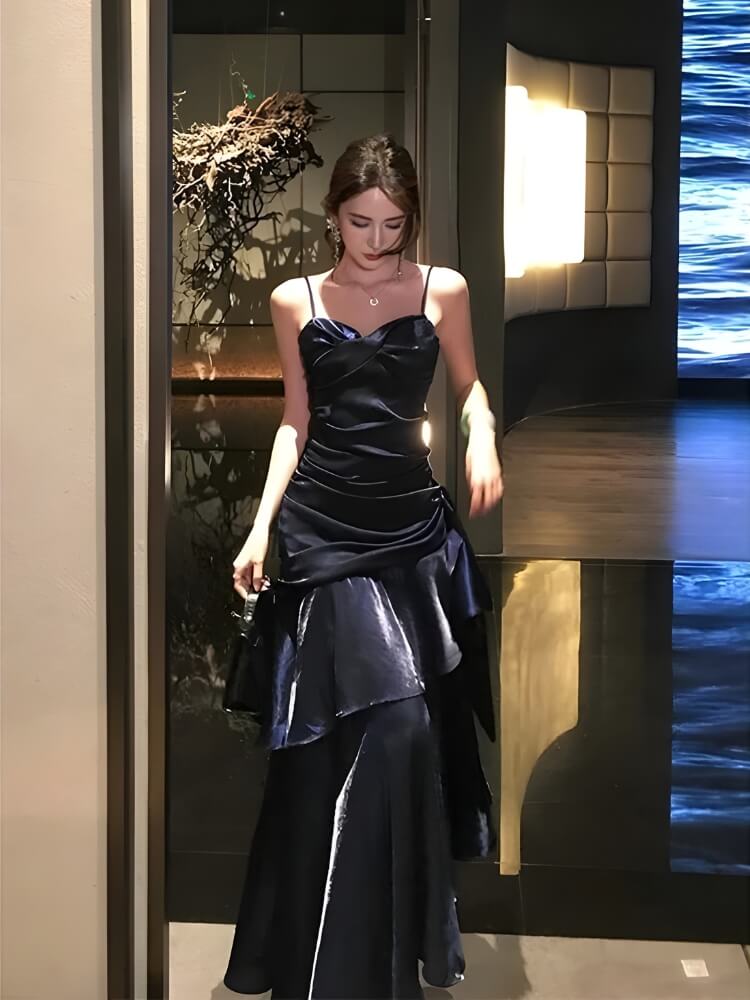 FJØRNA satin tiered women's maxi dress for evening and formal occasions, featuring elegant layered design and smooth satin fabric.
