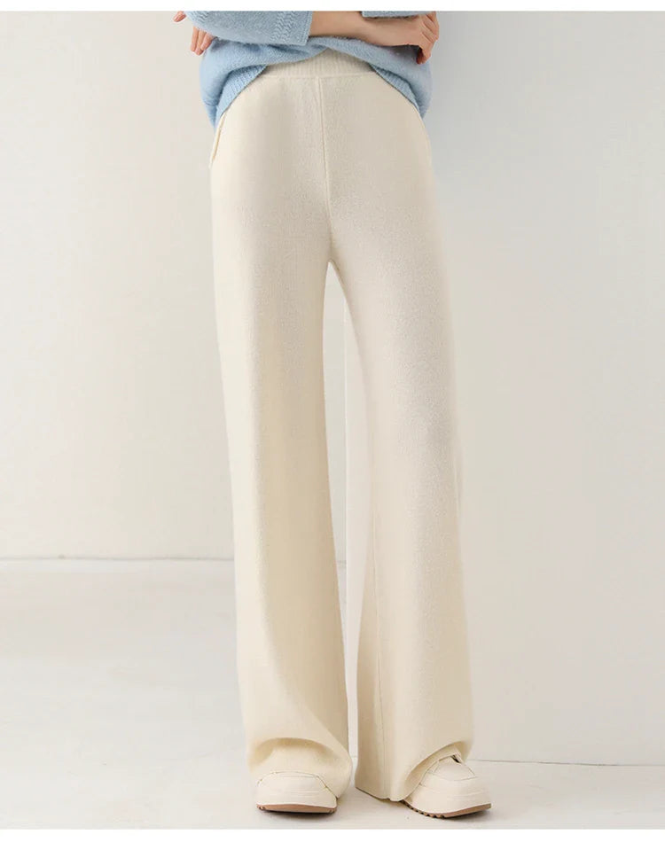 FJØRNA women's Merino wool joggers with wide-leg fit, soft and comfortable pants for casual wear and relaxed style.
