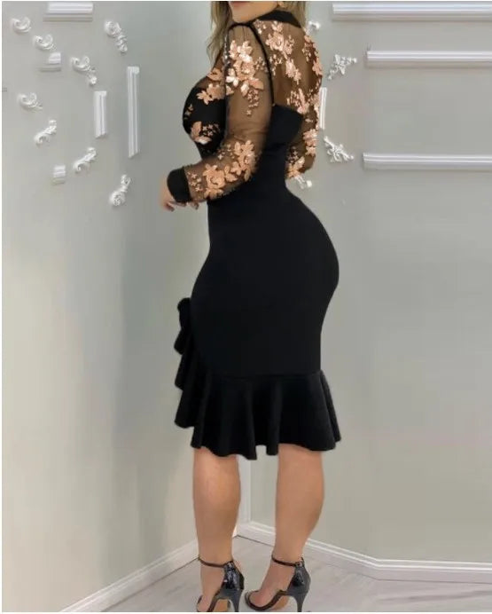 FJØRNA mesh ruffle dress with embroidered sequins, elegant sequin dress featuring a stylish design and intricate detailing.