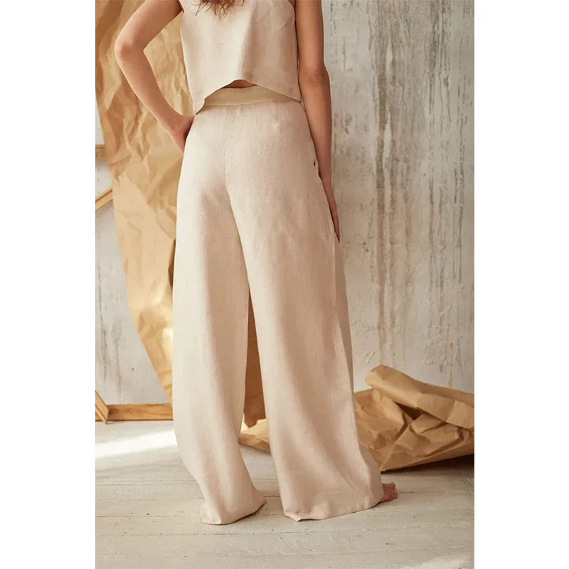 FJØRNA women's knit wide-leg trousers with elastic waistband, comfortable and stylish pants for casual or office wear.
