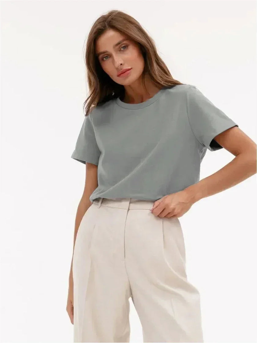 Women’s white cotton T-shirt by FJØRNA, soft and comfortable tops for women, casual style with short sleeves and crew neckline.