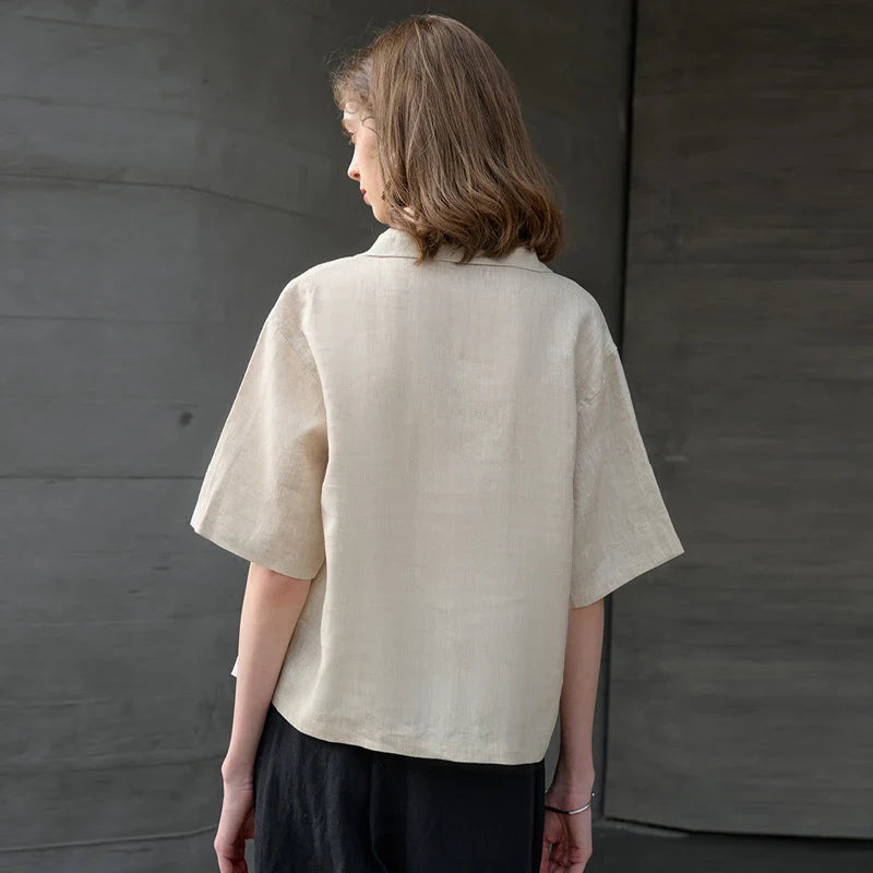 FJØRNA linen polo blouse for women with open collar, casual tops, lightweight breathable fabric, stylish and comfortable design