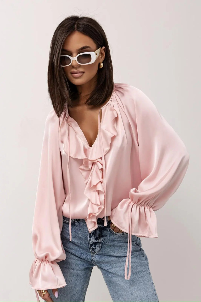 FJØRNA satin blouse for women with ruffle detail, elegant tops for women, smooth fabric and feminine design.