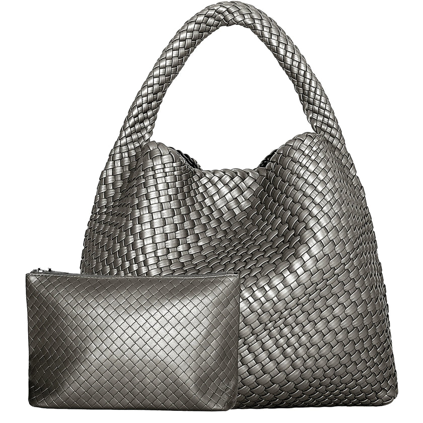 Ingrid | Handwoven Faux Leather Tote Bag with Clutch – Chic & Spacious