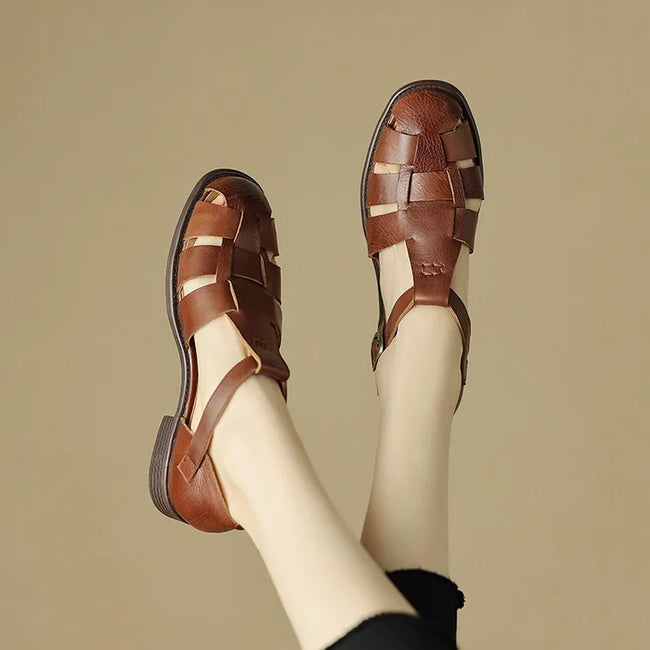 FJØRNA women's caged toe block heel fisherman sandals with buckle closure, featuring open toe design and ankle strap.