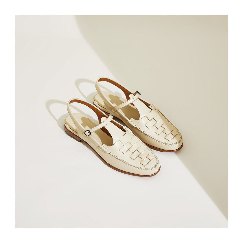 FJØRNA women's Italian leather slingback sandals with woven summer design, showcasing stylish open-toe footwear.