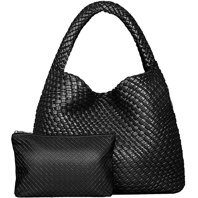 Ingrid | Handwoven Faux Leather Tote Bag with Clutch – Chic & Spacious