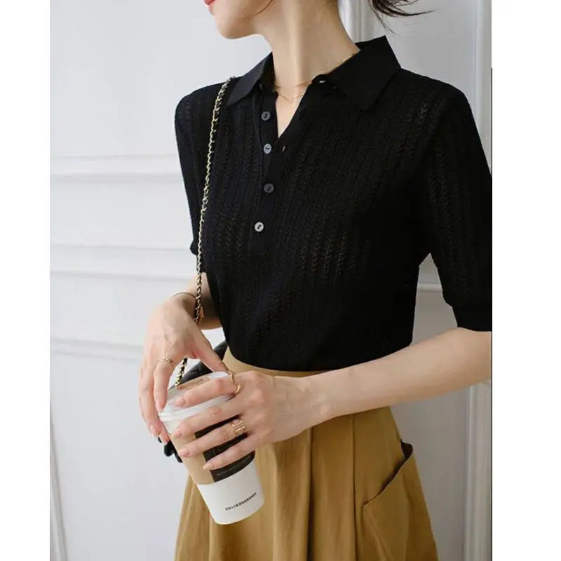 FJØRNA ribbed knit polo blouse for women, featuring a fitted design and classic collar, perfect for casual and chic outfits.