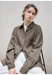 Light beige linen blend women's shirt with long sleeves and a relaxed fit, by FJØRNA, displayed flat on a neutral background.