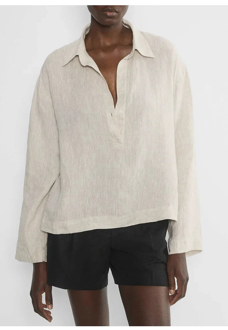 FJØRNA women's linen polo top with collar, lightweight and breathable summer blouse, stylish casual women's top.