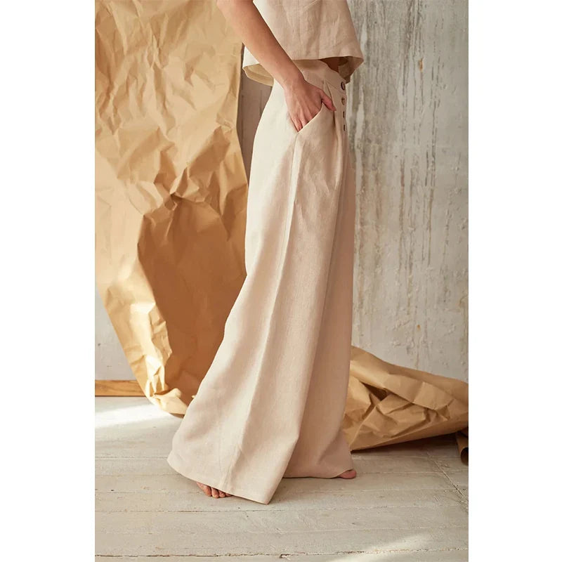FJØRNA women's knit wide-leg trousers with elastic waist, soft and comfortable pants for casual or stylish wear.