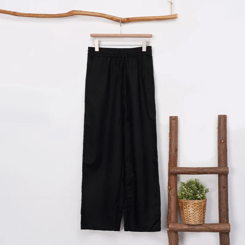 FJØRNA women's cotton linen wide leg trousers with drawstring, pull-on style, relaxed fit, ideal for casual or summer wear.