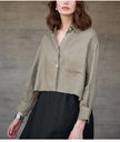 Linen Shirt Women Pleated Long Sleeve