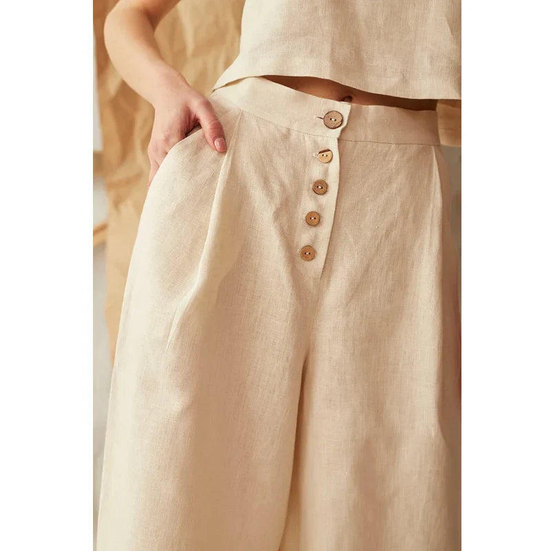 FJØRNA women's knit wide-leg trousers with elastic waistband, showcasing soft, comfortable, and stylish pants for women.