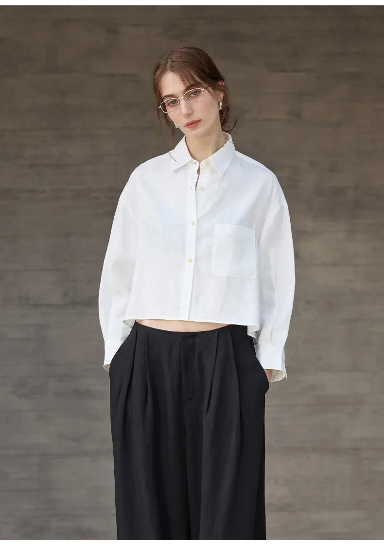 Linen Shirt Women Pleated Long Sleeve
