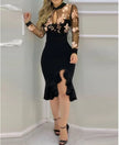 FJØRNA mesh ruffle dress with embroidered sequins, elegant sequin dress featuring layered ruffles and intricate embroidery.
