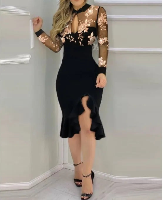 FJØRNA mesh ruffle dress with embroidered sequins, elegant sequin dress featuring layered ruffles and intricate embroidery.
