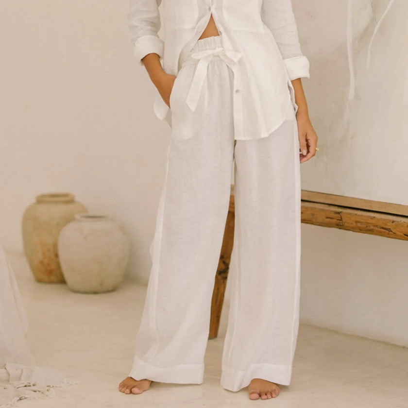 FJØRNA women's linen top with ruffle details, lightweight and breathable, perfect for casual or summer wear